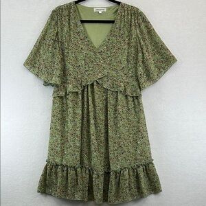 Manydress Dress Sz L Green Floral Print Flutter Sleeves V-Neck Ruffled Hem EUC
